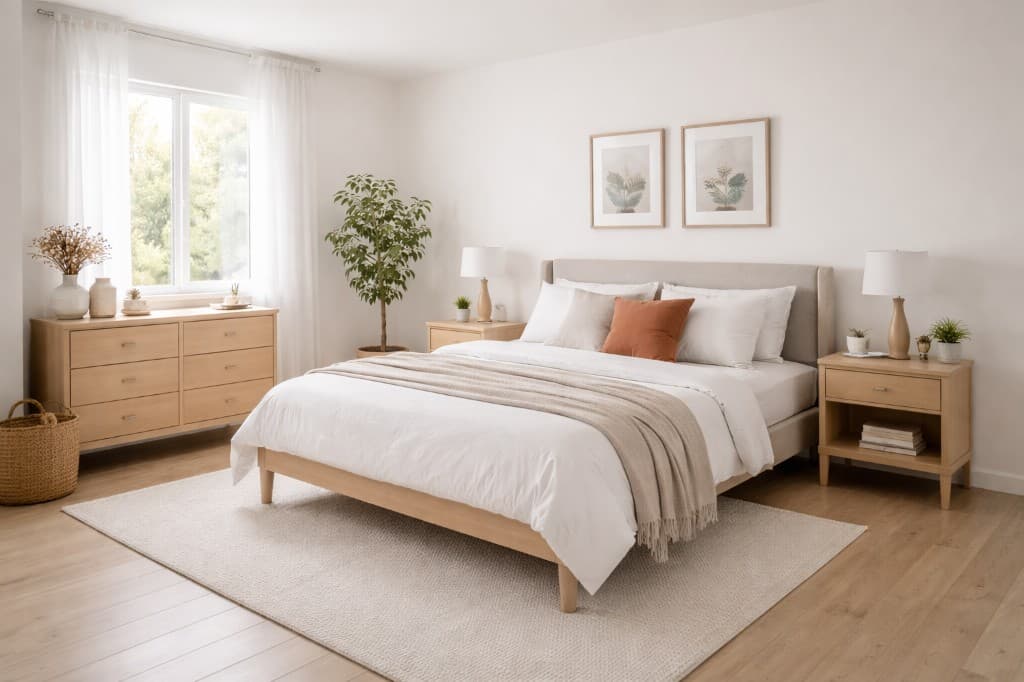 Serene minimalist bedroom with light upholstered headboard