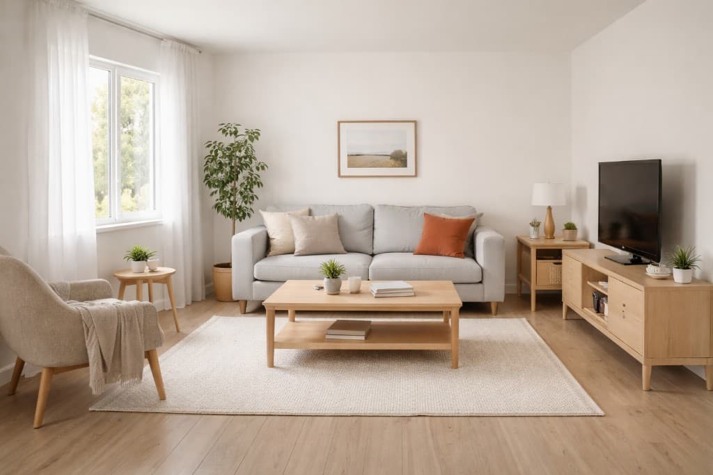 Bright modern living room with natural wood accents