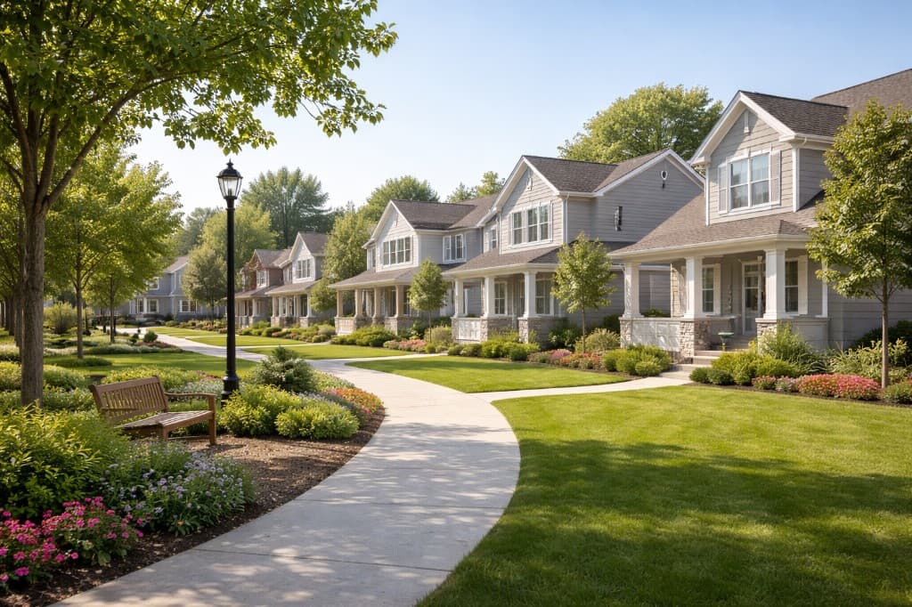 Picturesque residential street with modern homes and manicured lawns